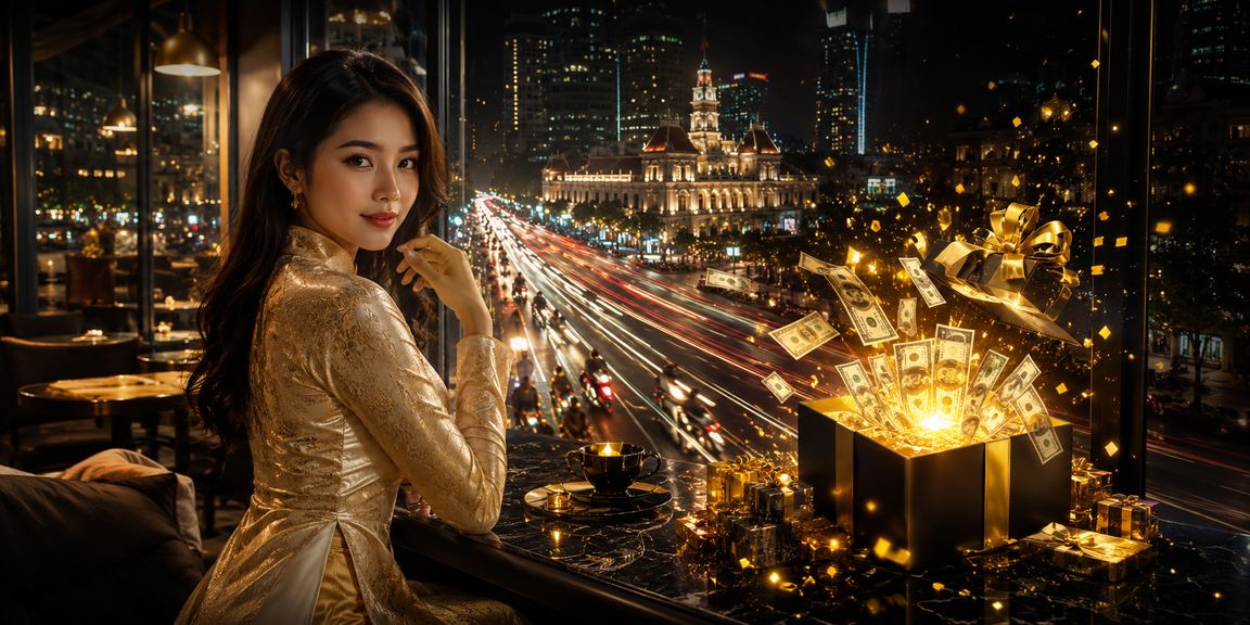 Người phụ nữ mặc áo dài truyền thống Việt Nam bên không gian giải trí casino sang trọng tại Hồ Chí Minh