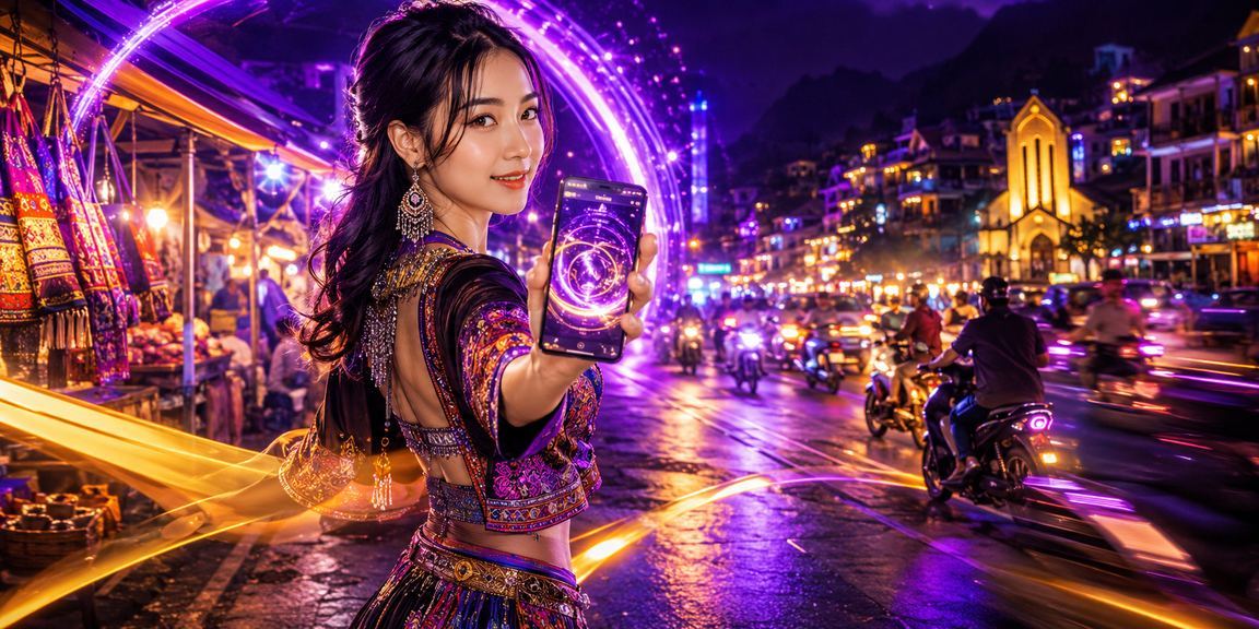 Cảnh đêm Sa Pa với giao diện nạp tiền và khuyến mãi neon trên nền tảng cá cược thể thao